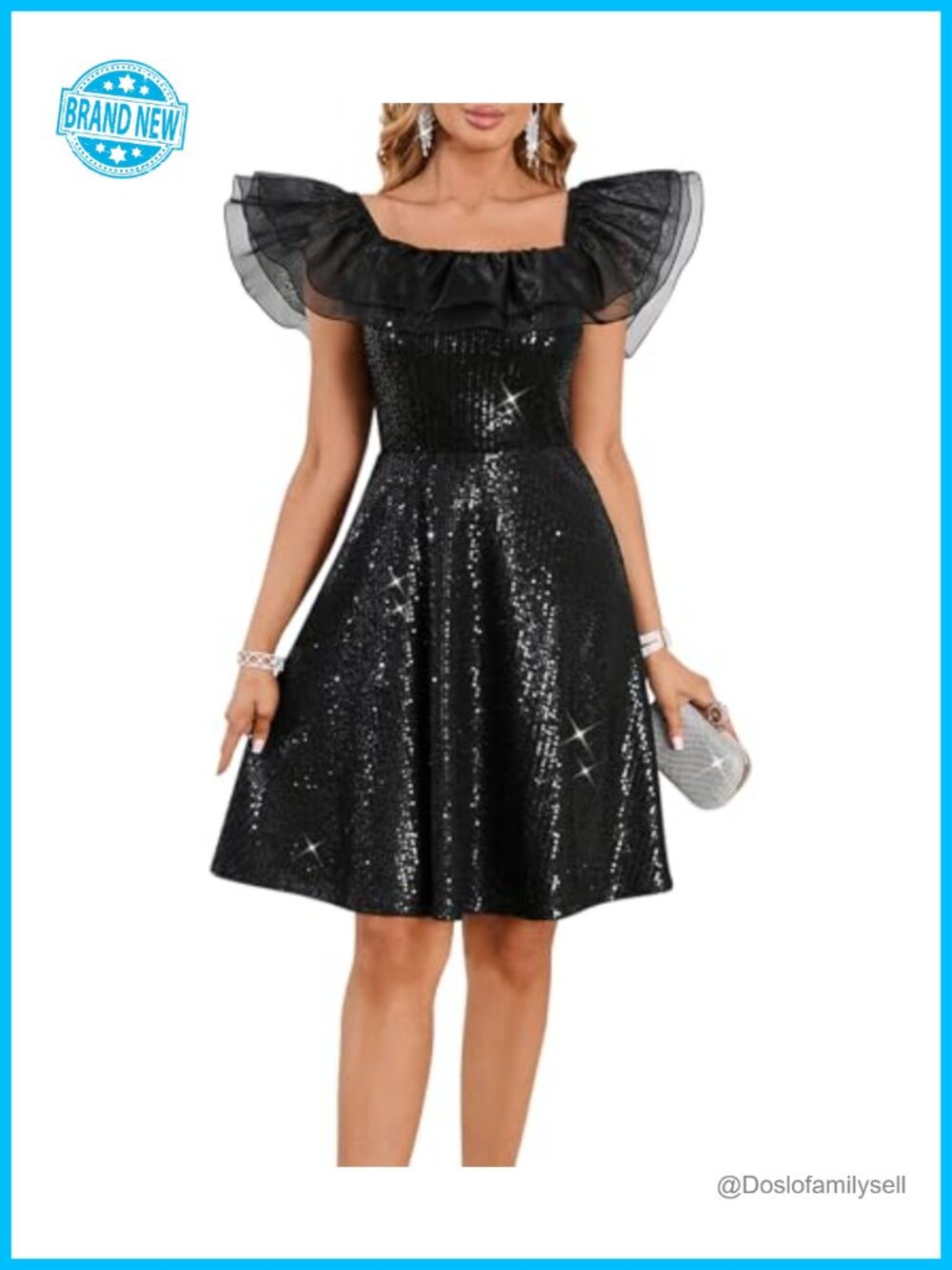 Off Shoulder Sequin Cocktail Midi Dress Ruffle Neckline A-Line Party Wedding